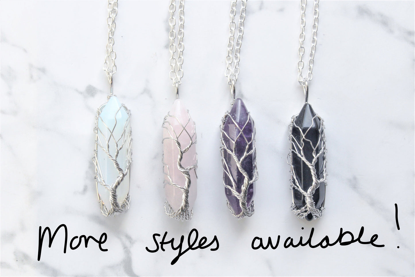 Opal / Rose Quartz Wire Wrap Tree Pendant Necklace