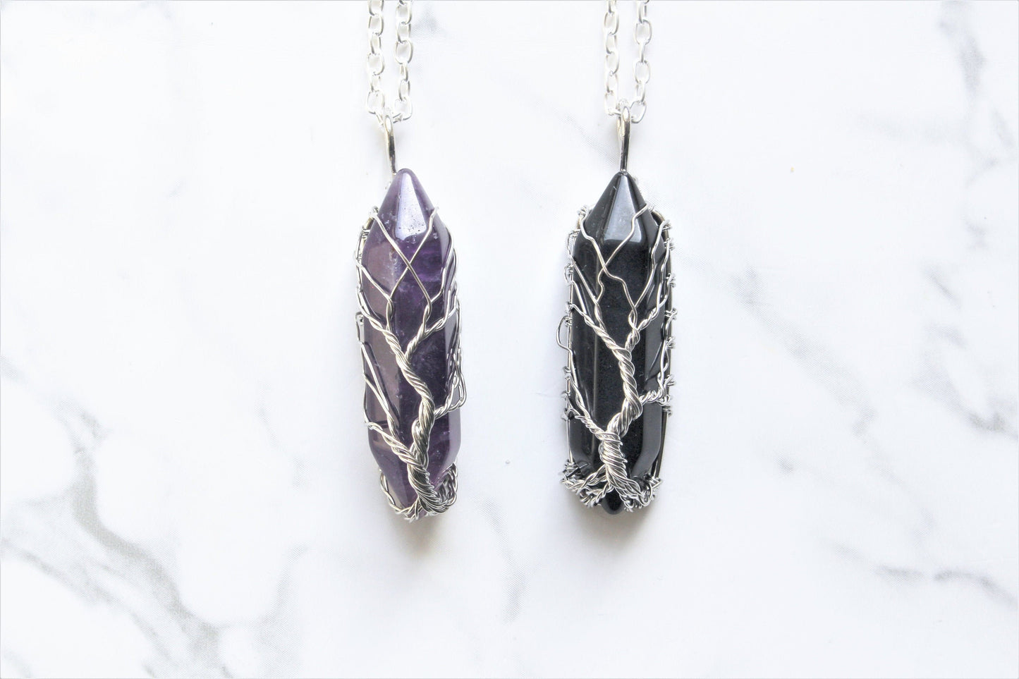 Amethyst / Black Obsidian Wire Wrap Pendant Tree Necklace