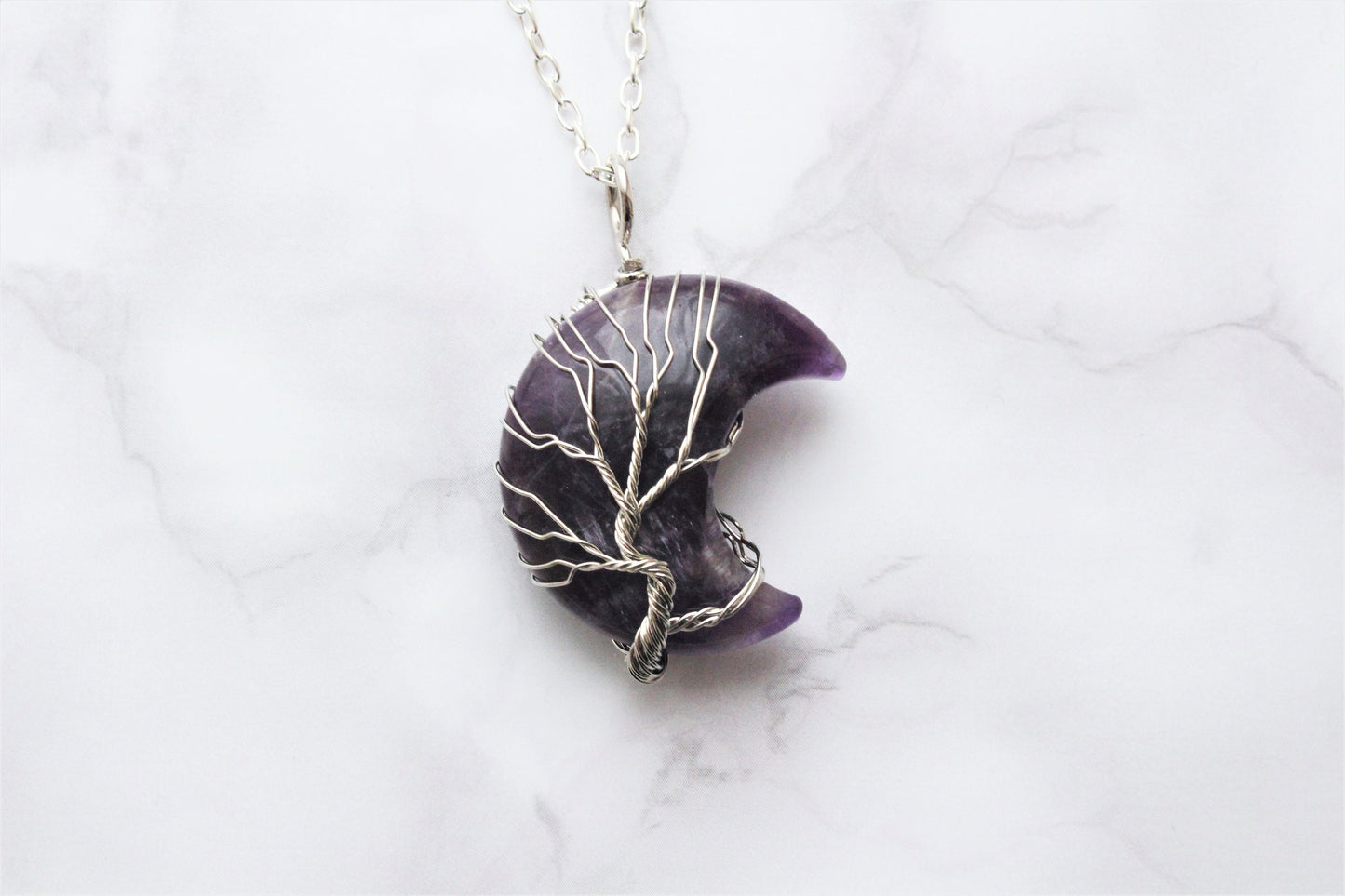 Rose Quartz / Amethyst Wire Wrapped Moon Crystal Necklace