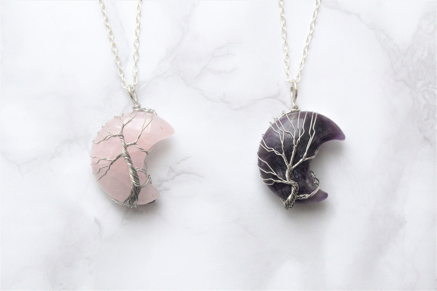 Rose Quartz / Amethyst Wire Wrapped Moon Crystal Necklace