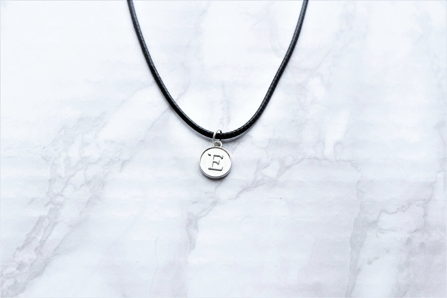 Initial Letter Charm Necklace Sterling Silver Black Cord