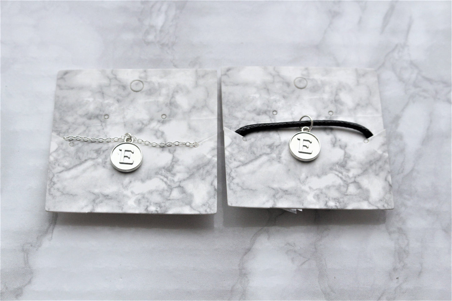 Initial Letter Charm Necklace Sterling Silver Black Cord