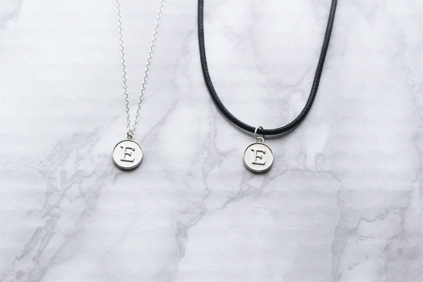 Initial Letter Charm Necklace Sterling Silver Black Cord