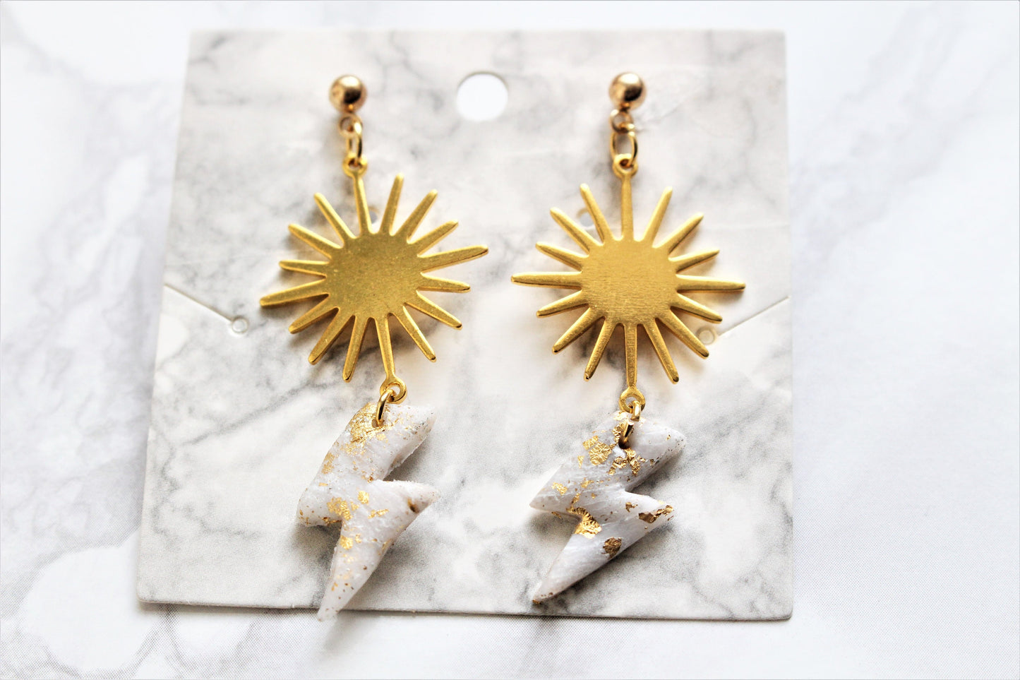 Lightning Bolt Earrings Sterling Silver Sun Charm Polymer Clay White Silver Gold Flake Drop Dangle Jewellery Celestial Gift for Her UK