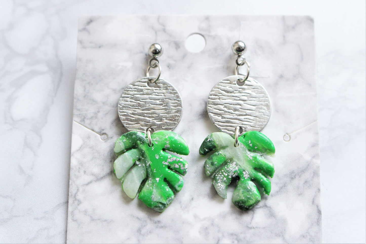 Monstera Leaf Earrings Polymer Clay White Silver Gold Drop