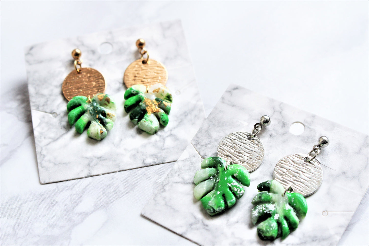 Monstera Leaf Earrings Polymer Clay White Silver Gold Drop