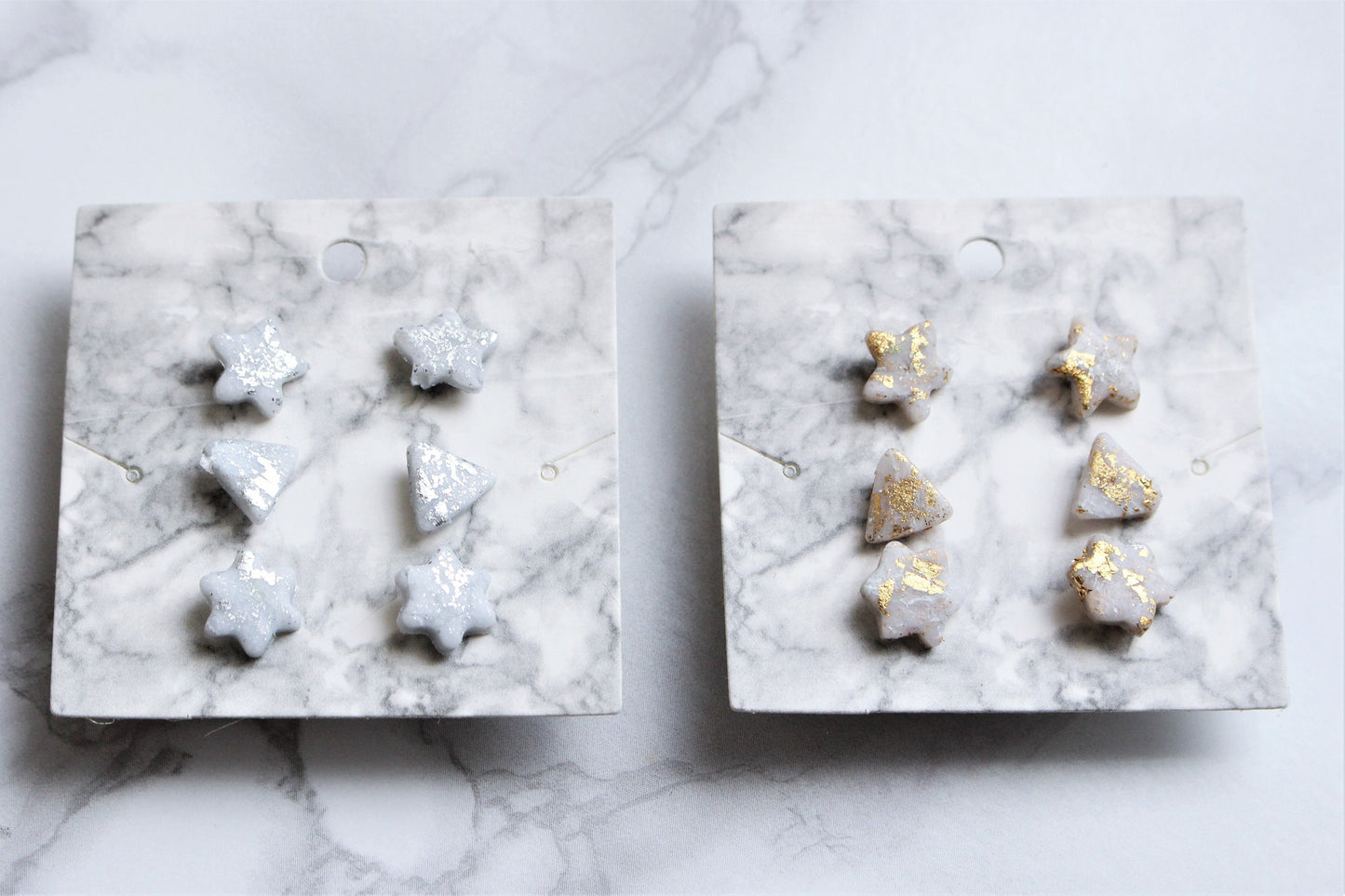 Star Triangle Flower Stud Earrings Sterling Silver Sun Charm Polymer Clay White Silver Gold Flake Jewellery Celestial Gift for Her UK
