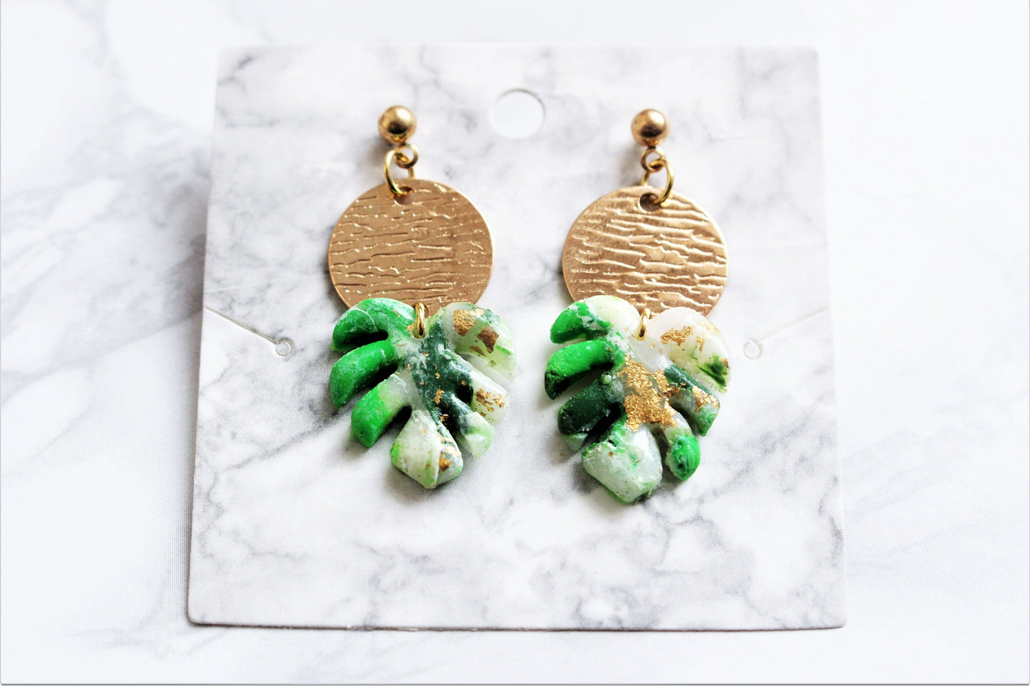 Monstera Leaf Earrings Polymer Clay White Silver Gold Drop