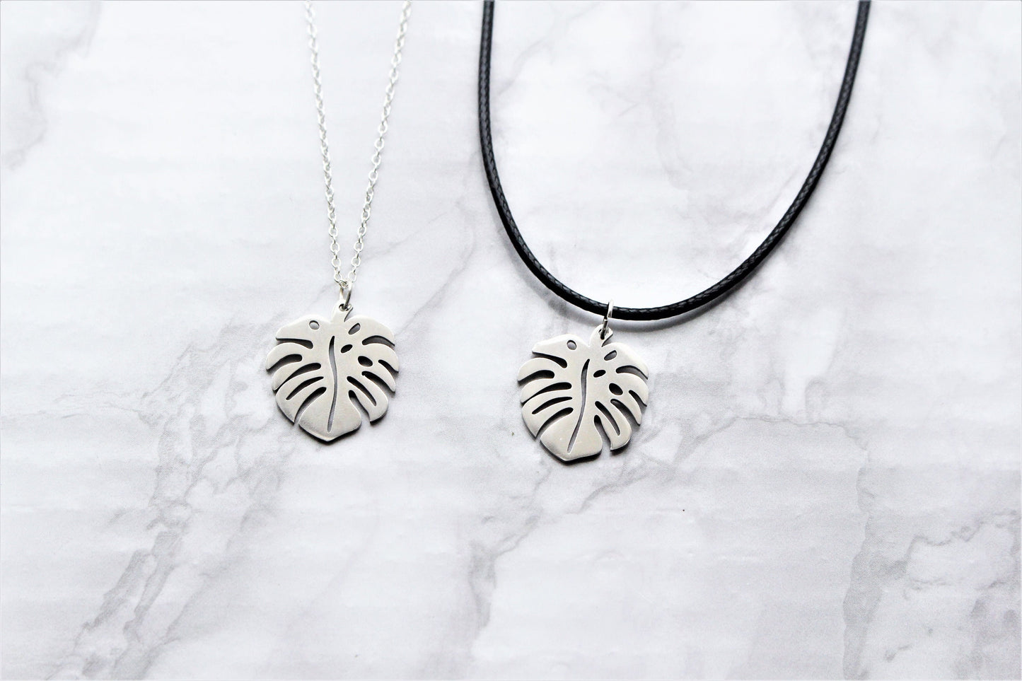 Monstera Leaf Necklace Sterling Silver/ Black Cord Laser Cut Charm