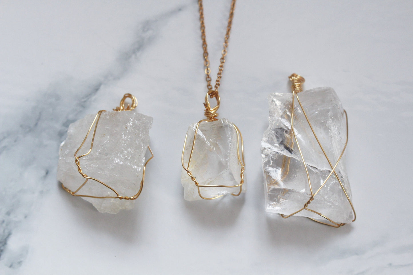 Natural Raw Crystal Rock Necklace Wire Wrapped Gold Jewellery Rose Clear Quartz Green Fluorite Calcite Gift For Her Him Wife Girlfriend UK