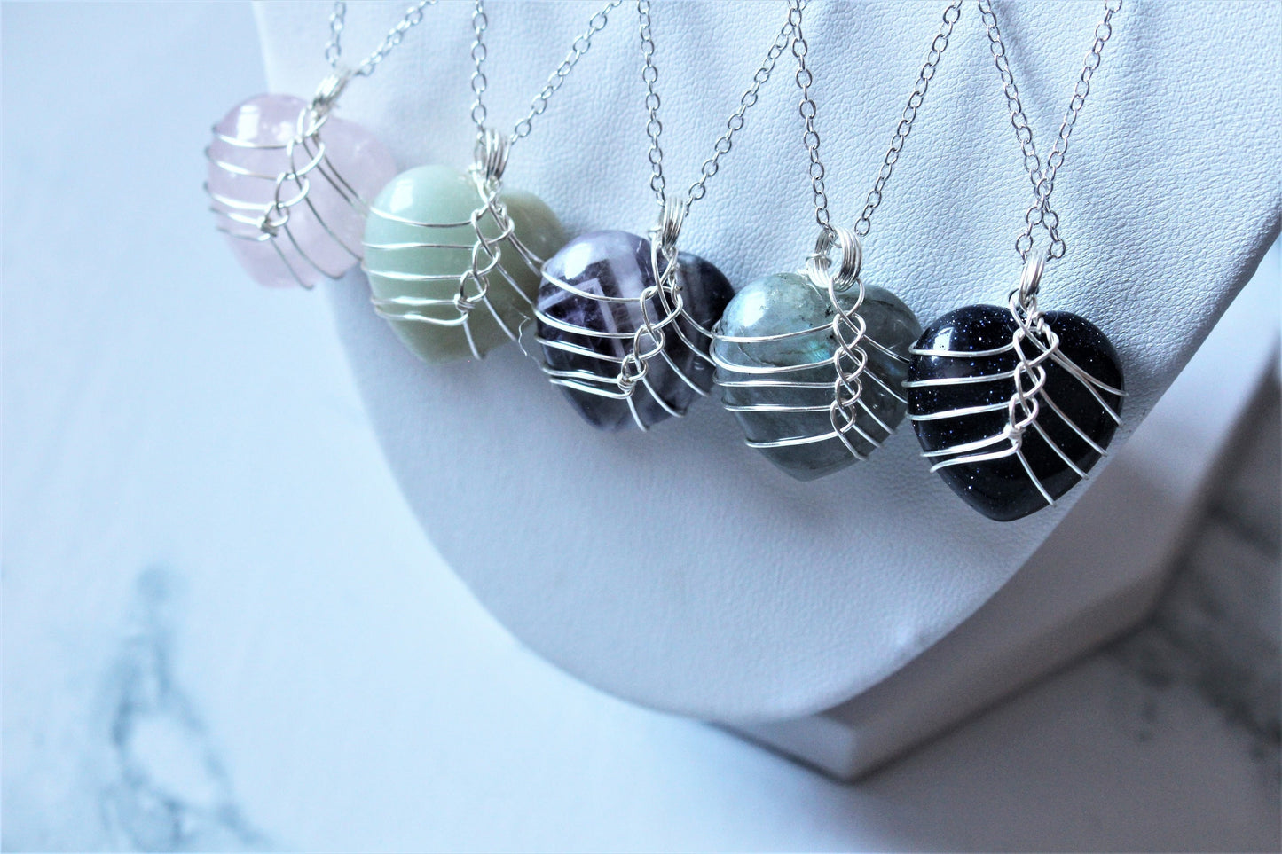 Crystal Heart Pendant Necklace Wire Wrap Necklace Silver Crystal Rock Gift For Her Him Wife Girlfriend Quartz Labradorite Pink Amethyst UK