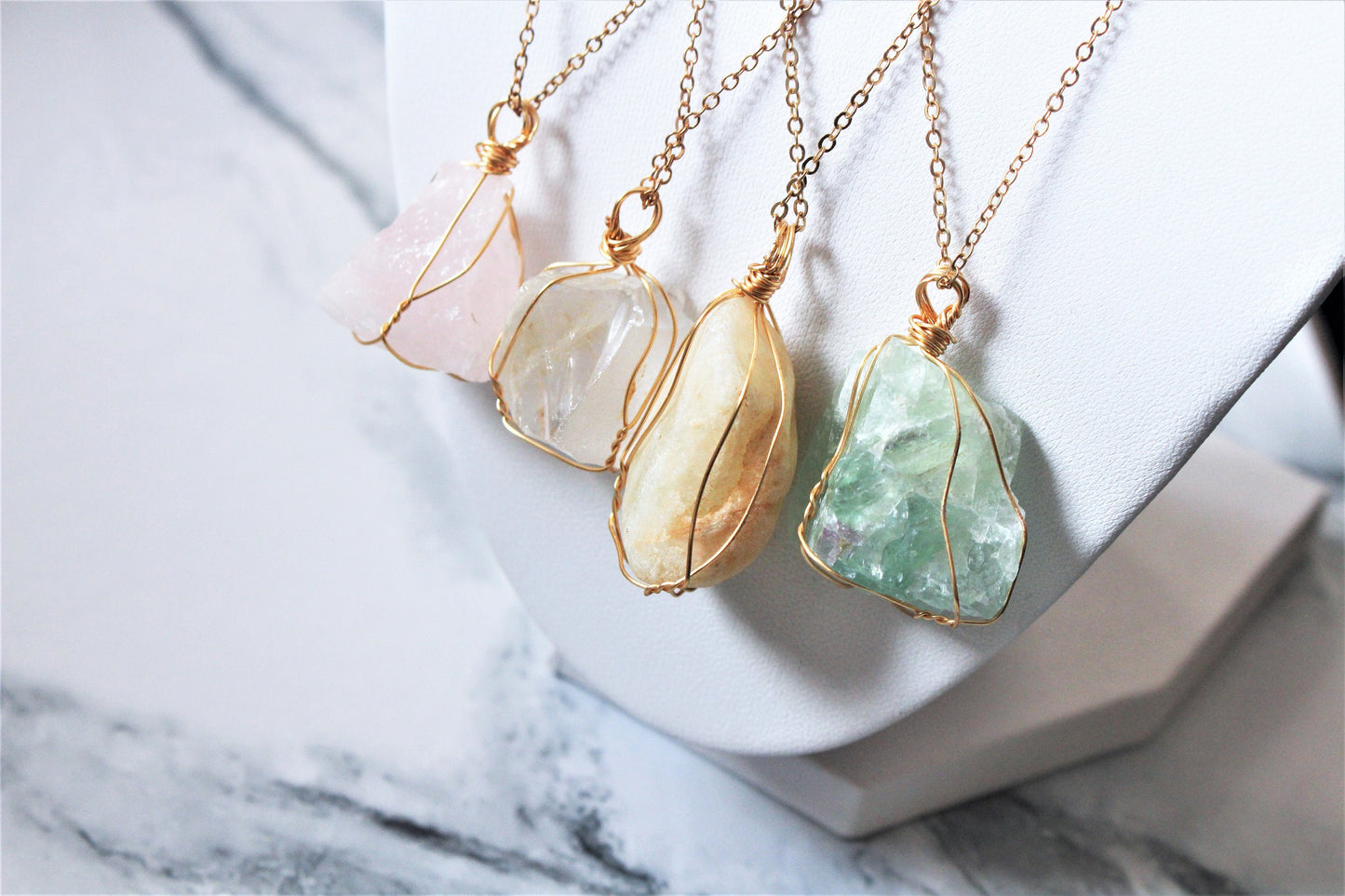 Natural Raw Crystal Rock Necklace Wire Wrapped Gold Jewellery Rose Clear Quartz Green Fluorite Calcite Gift For Her Him Wife Girlfriend UK