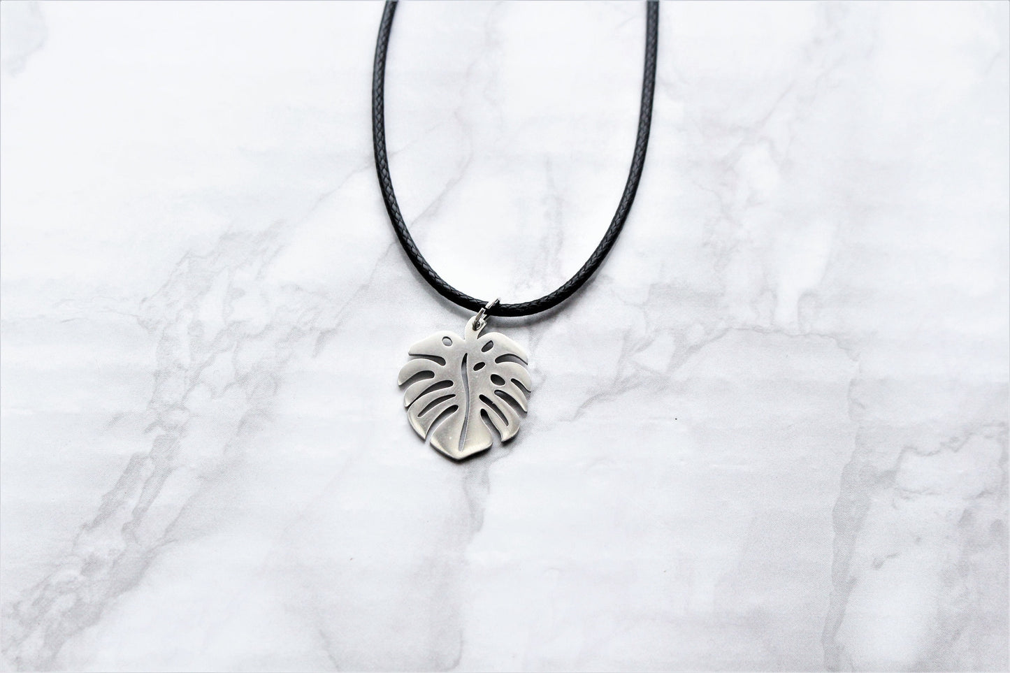 Monstera Leaf Necklace Sterling Silver/ Black Cord Laser Cut Charm