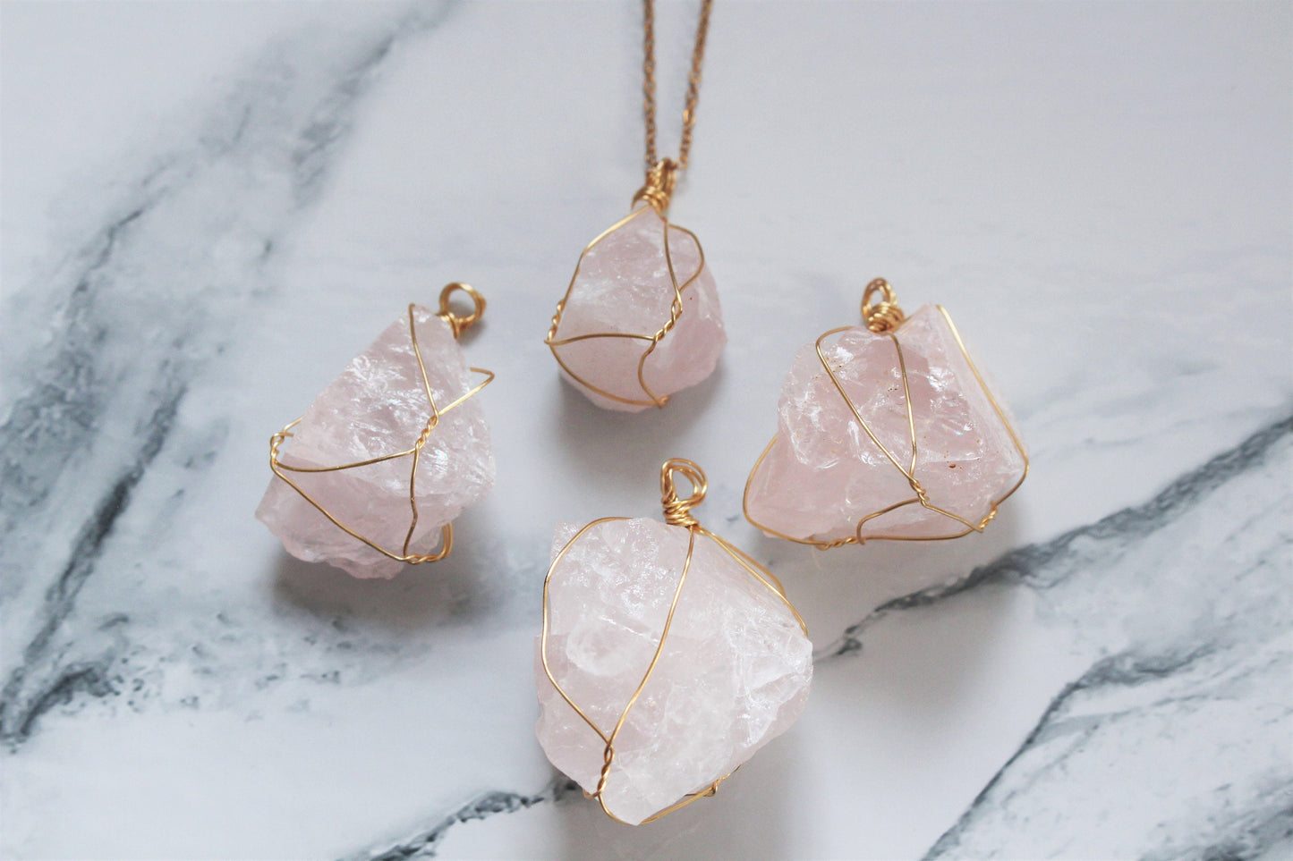 Natural Raw Crystal Rock Necklace Wire Wrapped Gold Jewellery Rose Clear Quartz Green Fluorite Calcite Gift For Her Him Wife Girlfriend UK