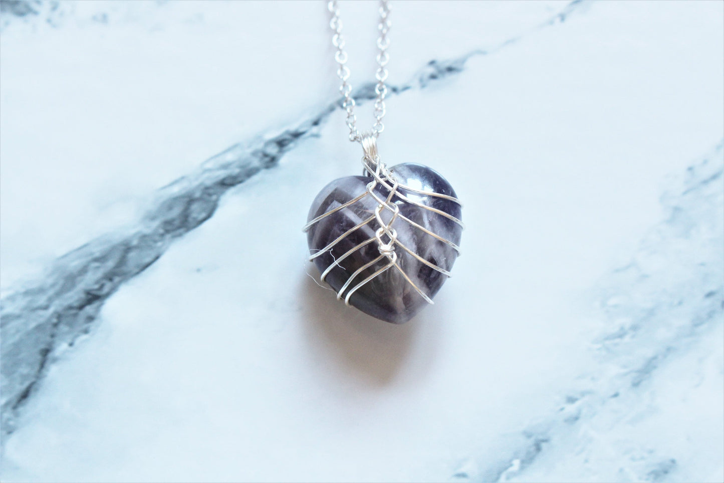 Crystal Heart Pendant Necklace Wire Wrap Necklace Silver Crystal Rock Gift For Her Him Wife Girlfriend Quartz Labradorite Pink Amethyst UK