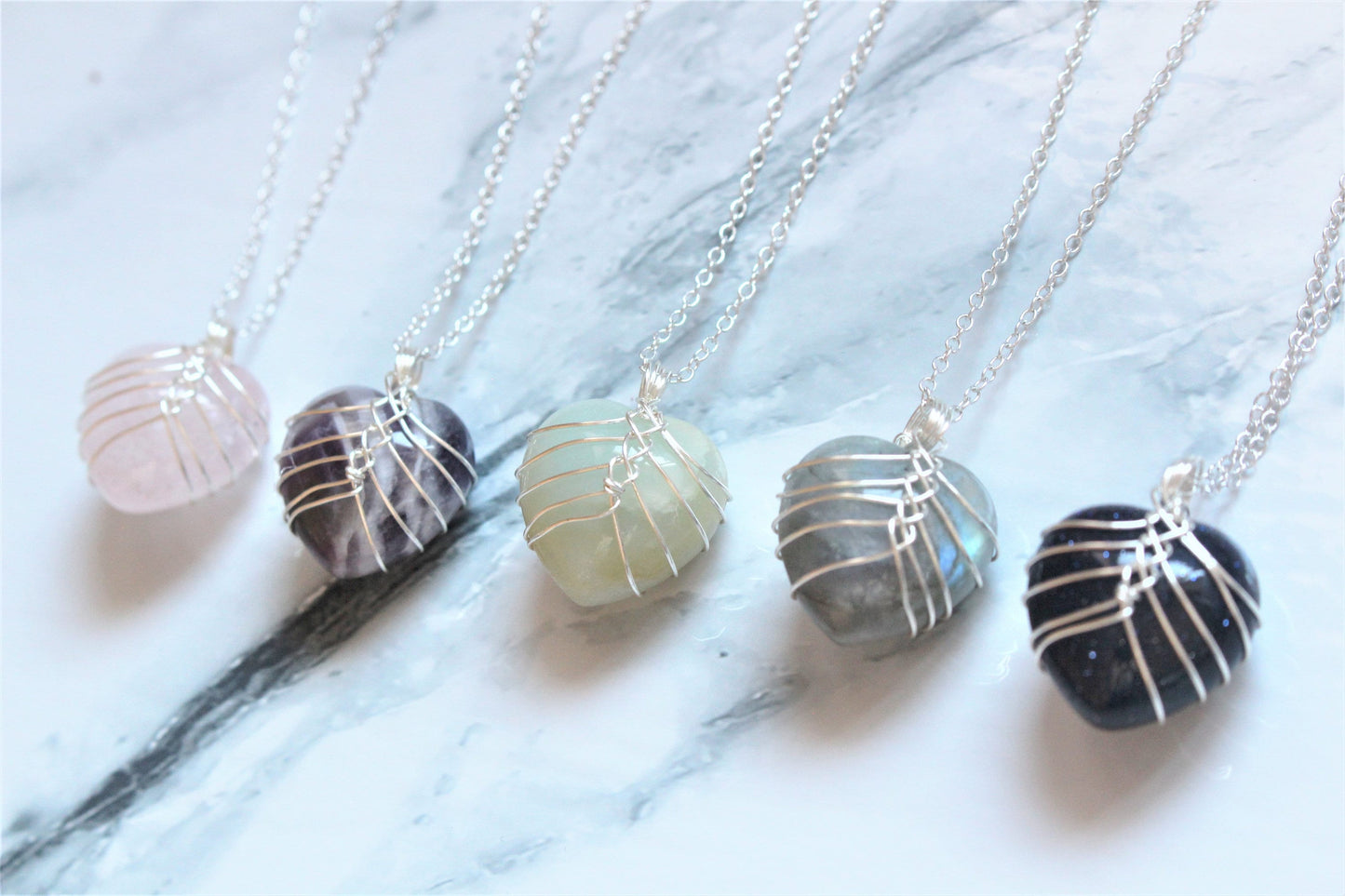 Crystal Heart Pendant Necklace Wire Wrap Necklace Silver Crystal Rock Gift For Her Him Wife Girlfriend Quartz Labradorite Pink Amethyst UK